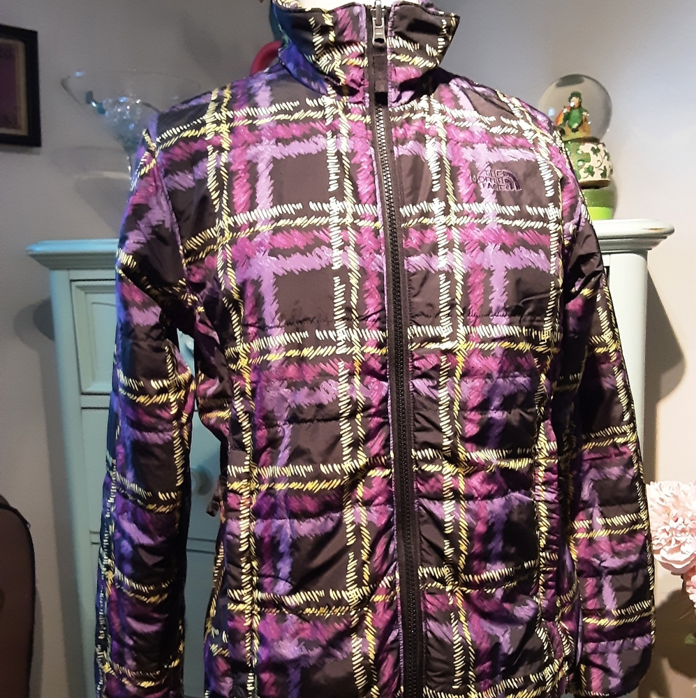 The North Face Women's Black and Purple Plaid Puffer Jacket